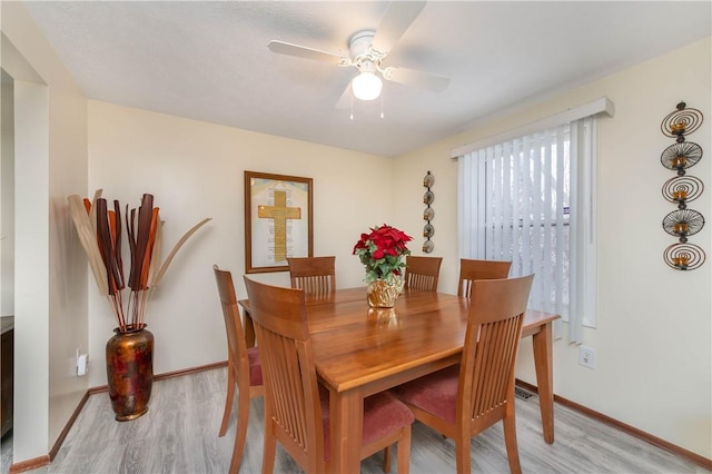 dining room with ceiling fan and light hardwood / wood-style flooring