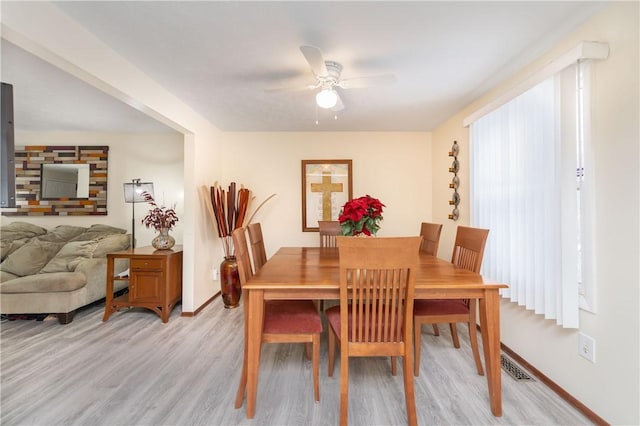 dining room with ceiling fan and light wood-type flooring