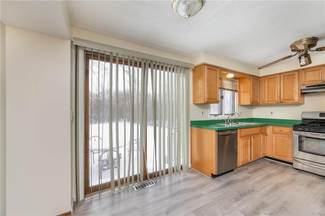 kitchen with ceiling fan, sink, appliances with stainless steel finishes, and light wood-type flooring