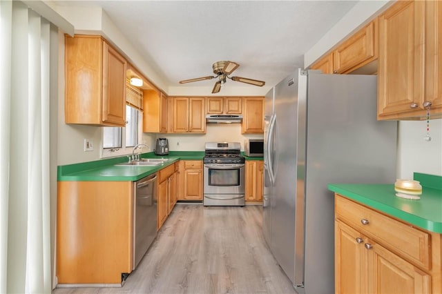 kitchen featuring light wood-type flooring, ceiling fan, stainless steel appliances, and sink