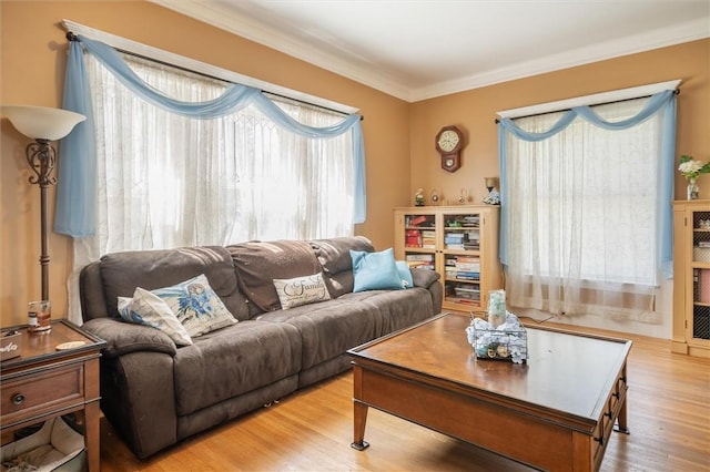 living room with hardwood / wood-style flooring, crown molding, and plenty of natural light