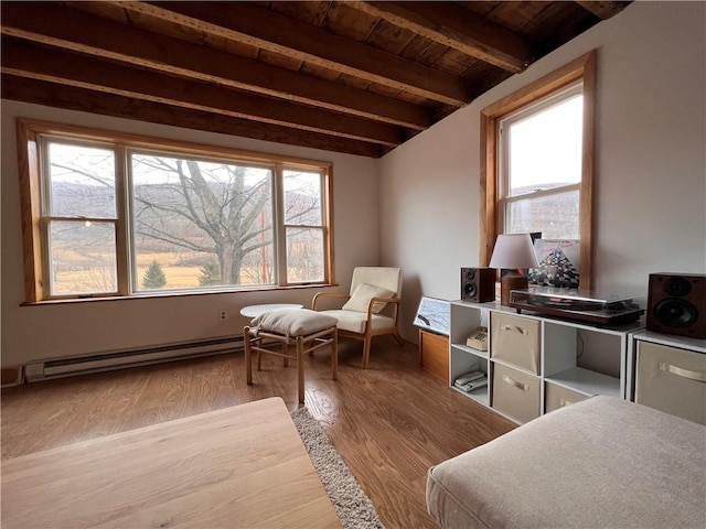 interior space featuring wood-type flooring, wood ceiling, beamed ceiling, and a baseboard radiator