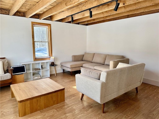 living room featuring wood-type flooring and beamed ceiling