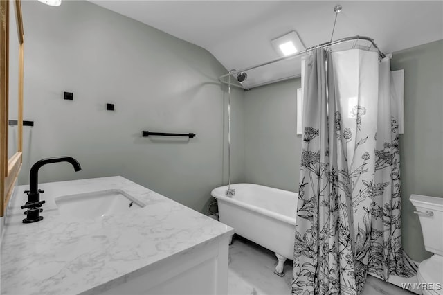 bathroom with toilet, lofted ceiling, a washtub, and vanity