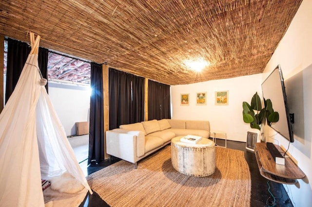 living room with wooden ceiling