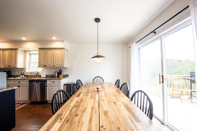 dining space with dark hardwood / wood-style floors, plenty of natural light, and sink