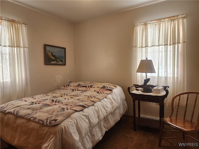 bedroom with dark colored carpet