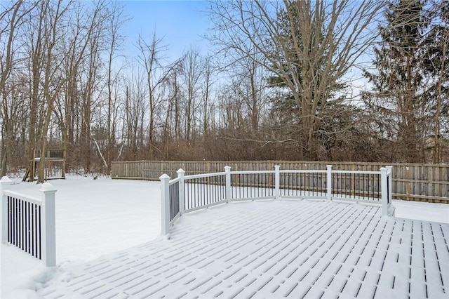 view of snow covered deck