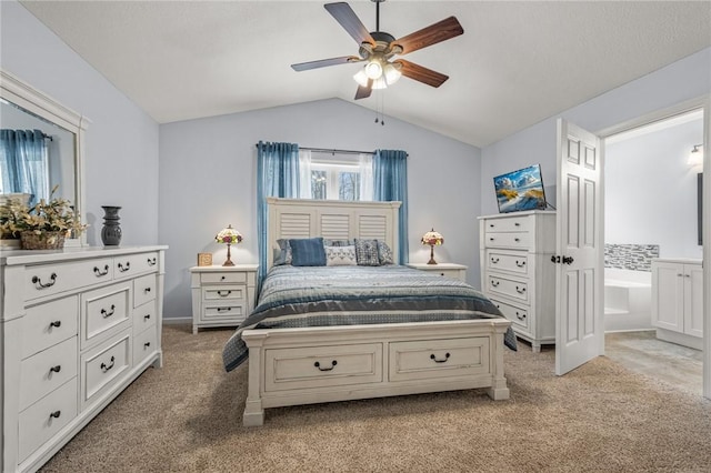 bedroom featuring ceiling fan, light carpet, and vaulted ceiling