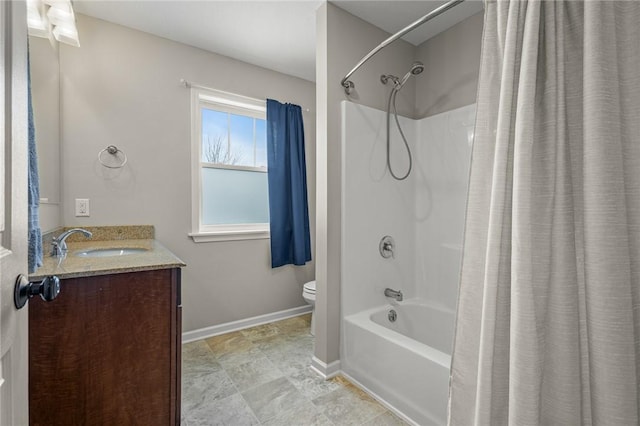 full bathroom with toilet, vanity, and shower / tub combo with curtain