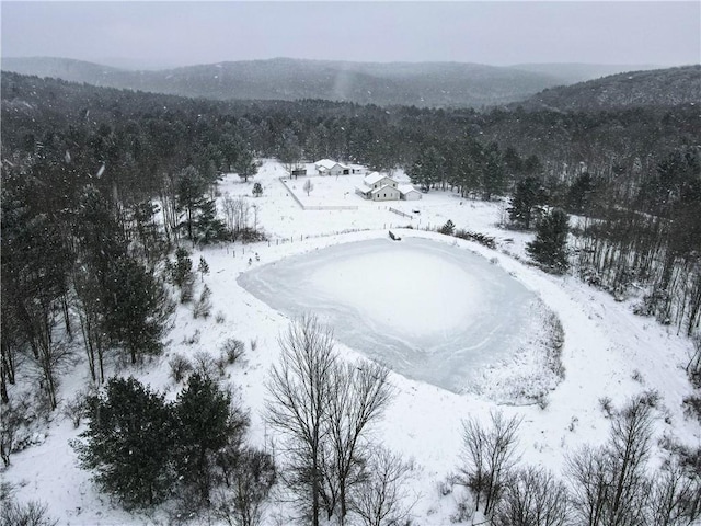 snowy aerial view with a forest view and a mountain view