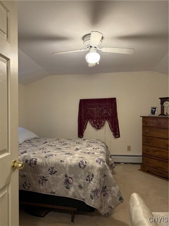 carpeted bedroom featuring ceiling fan, a baseboard heating unit, and lofted ceiling