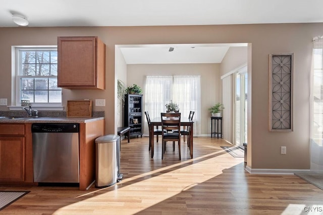 kitchen with stainless steel dishwasher, hardwood / wood-style floors, and sink