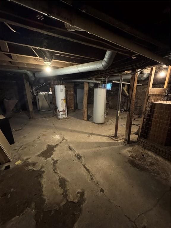 basement featuring gas water heater and water heater