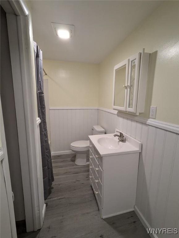 bathroom featuring toilet, vanity, and hardwood / wood-style floors