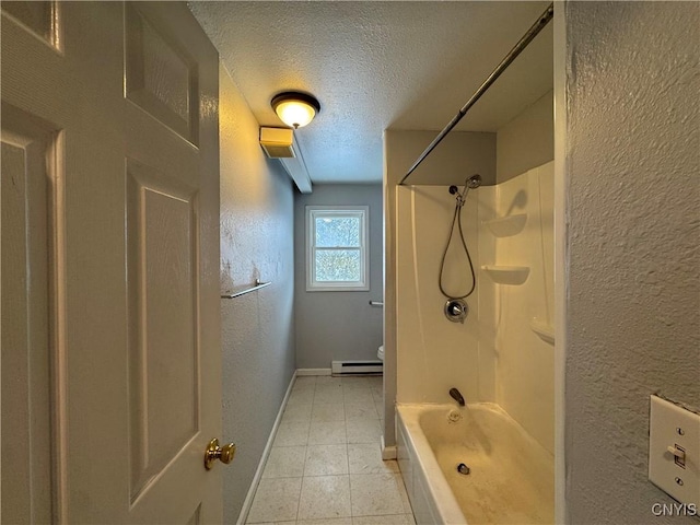 bathroom featuring toilet, a baseboard heating unit, tub / shower combination, and a textured ceiling