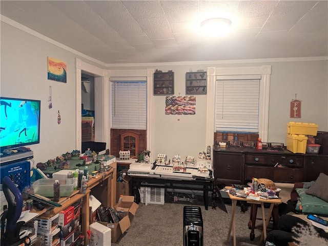 office featuring ornamental molding and carpet floors