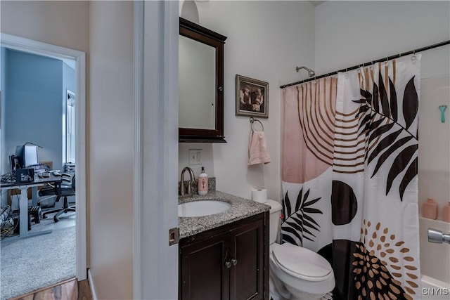 bathroom featuring toilet, wood-type flooring, and vanity