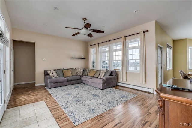 living room featuring ceiling fan, light hardwood / wood-style flooring, and a baseboard radiator