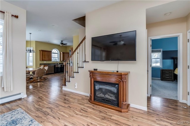 living room with a healthy amount of sunlight, ceiling fan with notable chandelier, a baseboard radiator, and light hardwood / wood-style flooring