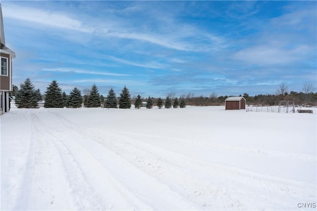 yard covered in snow with a storage shed