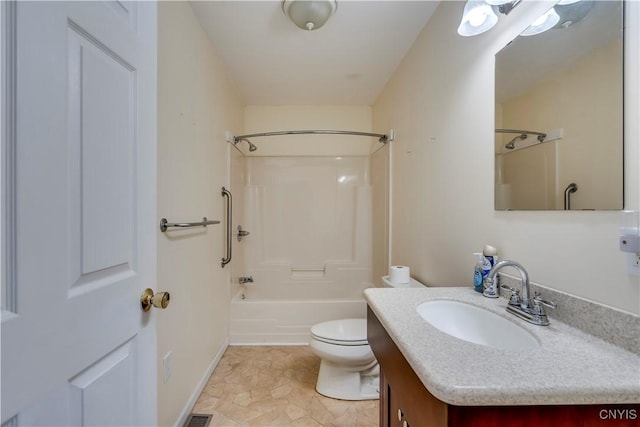 full bathroom featuring toilet, vanity, tile patterned flooring, and washtub / shower combination