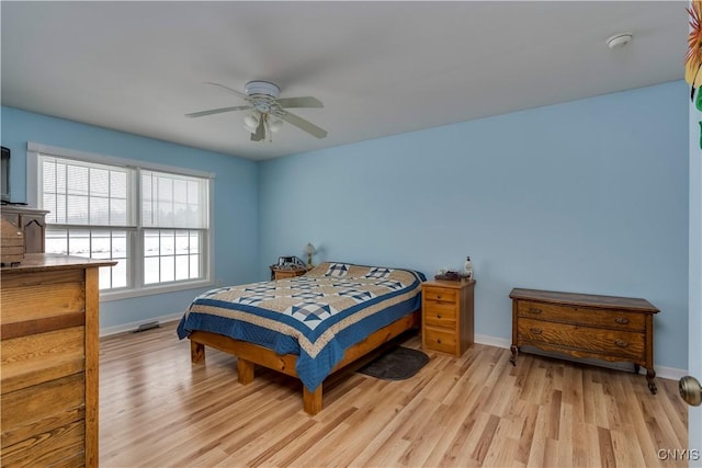 bedroom featuring light wood-type flooring and ceiling fan