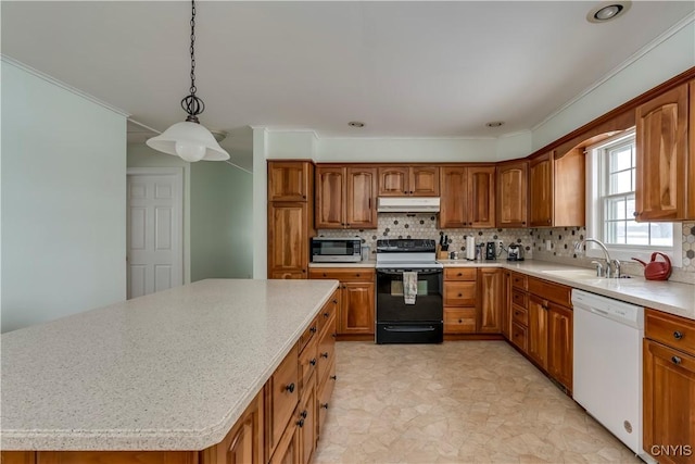 kitchen with backsplash, electric stove, white dishwasher, pendant lighting, and sink