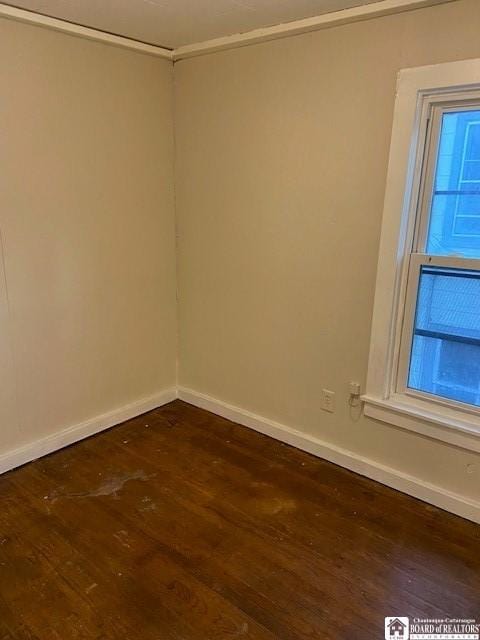 spare room featuring ornamental molding and dark hardwood / wood-style floors