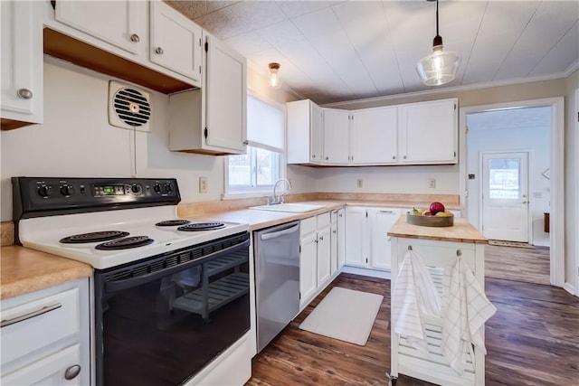 kitchen with electric range, hanging light fixtures, stainless steel dishwasher, white cabinets, and sink