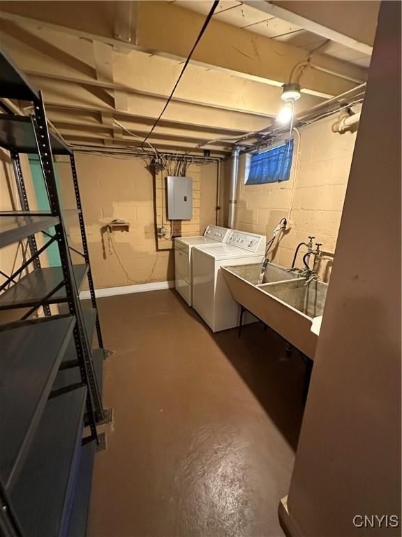 washroom featuring sink, washer and dryer, and electric panel