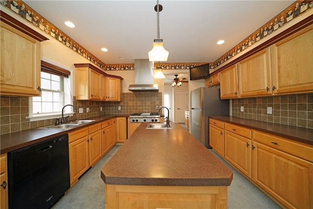 kitchen with ventilation hood, dishwasher, sink, and a center island with sink