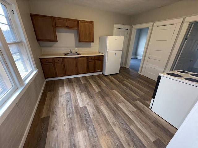 kitchen with dark hardwood / wood-style flooring, sink, and white appliances