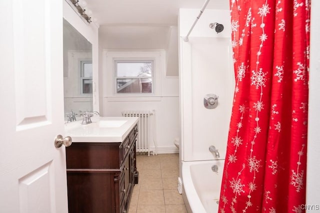 full bathroom featuring toilet, shower / tub combination, tile patterned flooring, radiator, and vanity