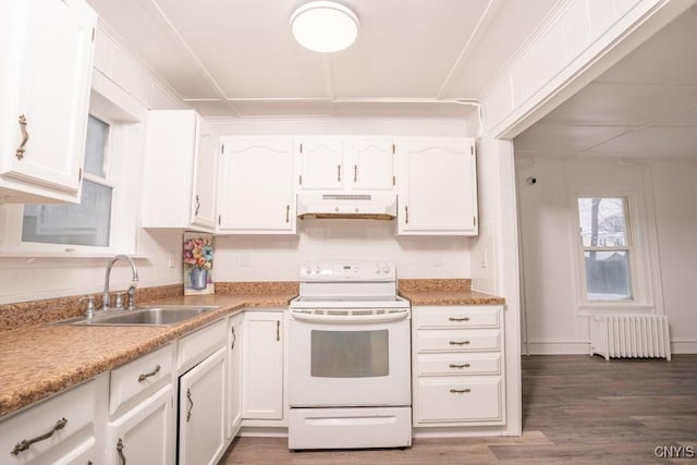 kitchen with white cabinetry, sink, electric range, and radiator