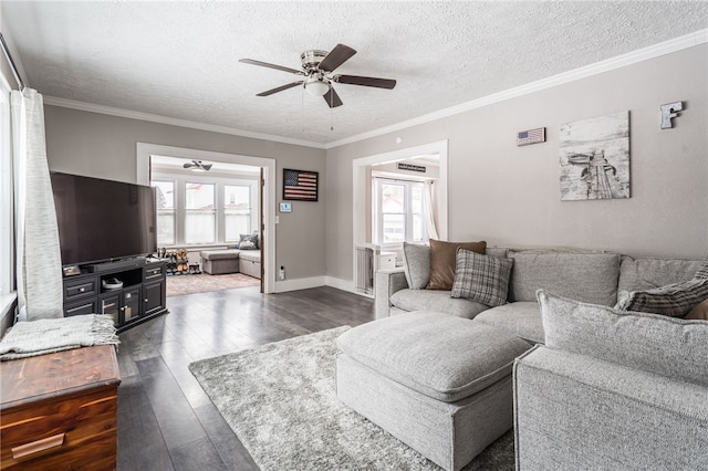 living room featuring a textured ceiling, ceiling fan, crown molding, and dark hardwood / wood-style floors