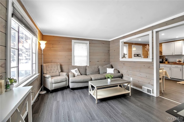 living room featuring dark wood-type flooring, crown molding, and wooden walls