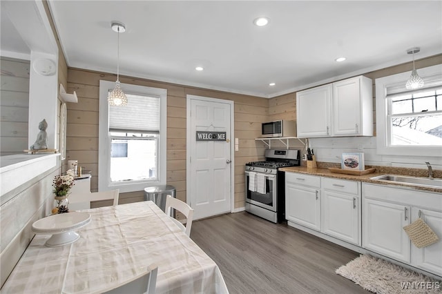 kitchen featuring pendant lighting, appliances with stainless steel finishes, white cabinets, wooden walls, and sink