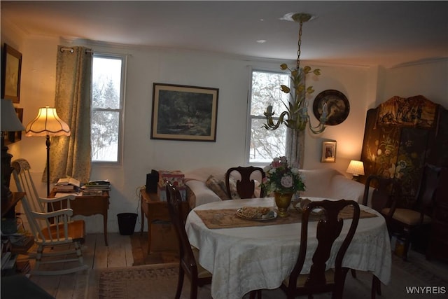 dining area with hardwood / wood-style floors, ornamental molding, and a wealth of natural light