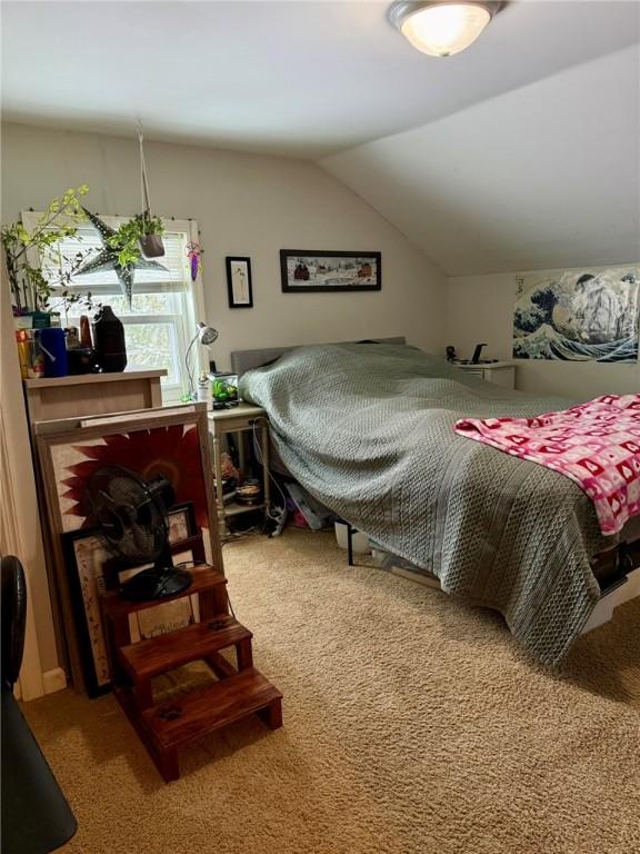 carpeted bedroom featuring vaulted ceiling