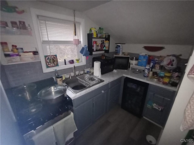 kitchen with lofted ceiling and sink