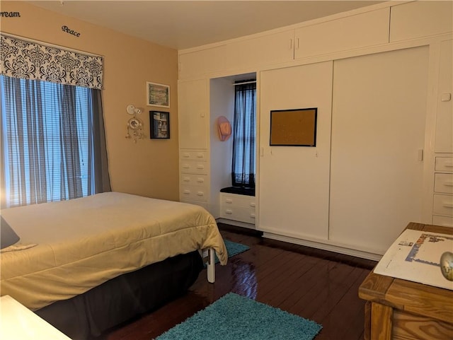 bedroom featuring dark wood-type flooring and a closet