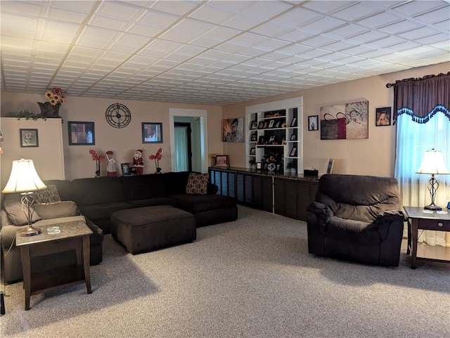 living room with carpet floors and built in shelves