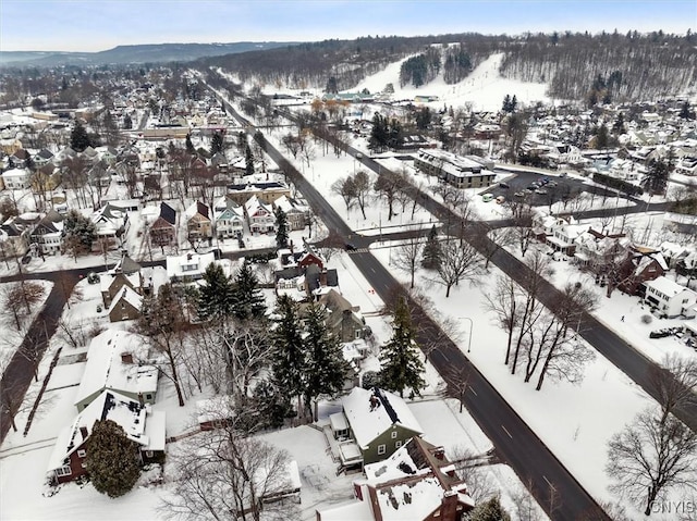 snowy aerial view with a mountain view