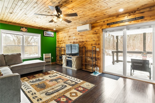 living room featuring dark hardwood / wood-style flooring, wood ceiling, wooden walls, and an AC wall unit