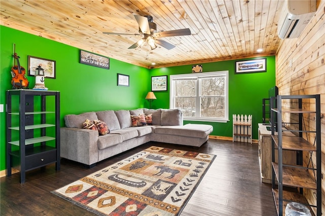 living room with ceiling fan, dark wood-type flooring, wood ceiling, and a wall unit AC