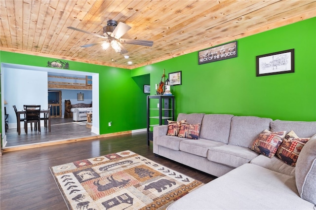 living room featuring ceiling fan, wooden ceiling, and dark hardwood / wood-style flooring