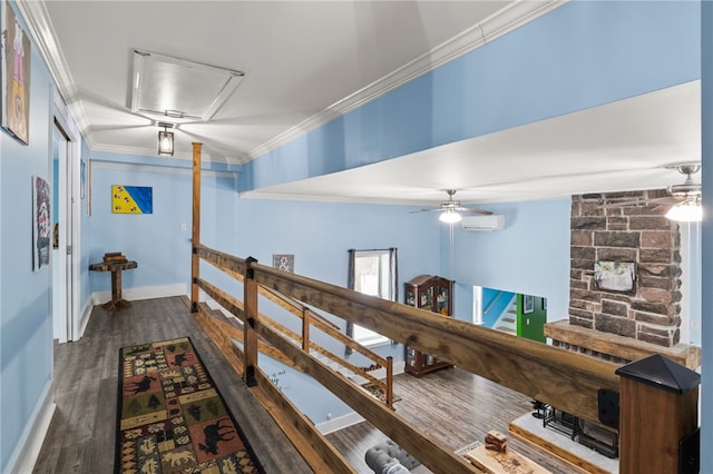 corridor with ornamental molding, dark hardwood / wood-style flooring, and an AC wall unit