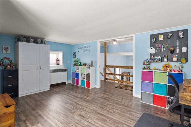 playroom featuring radiator and dark hardwood / wood-style flooring