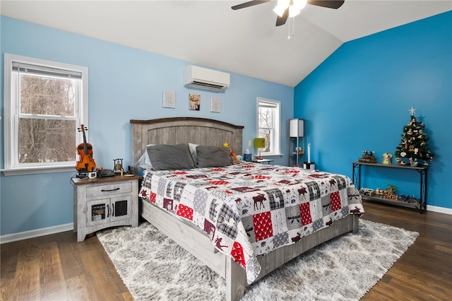 bedroom with ceiling fan, vaulted ceiling, dark hardwood / wood-style floors, and a wall unit AC